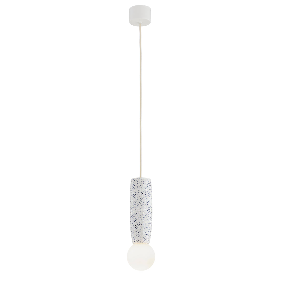 1 valgusallikaga rippvalgusti Bolesławieci keraamikast Arden – matt opaal, kreemikas õrna koobaltsinise mustriga – Ø 100 mm