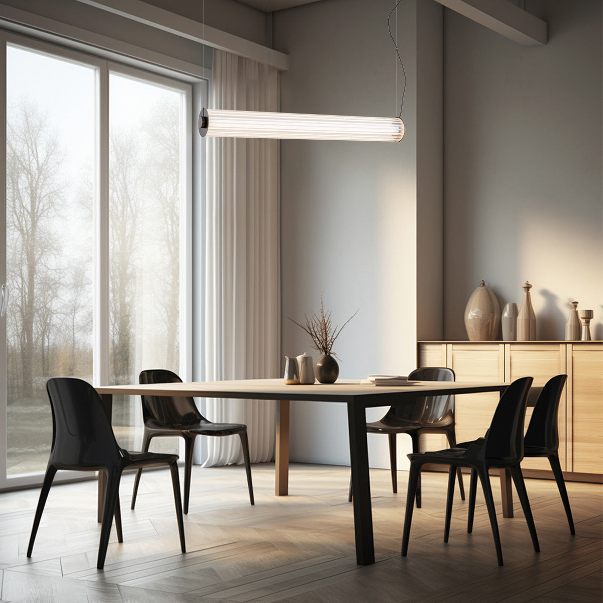1 valgusallikaga rippvalgusti led Lehto – läbipaistev ribiline, harjatud titaan – 90 W, 1200 mm